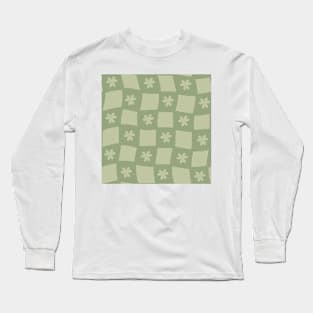 Large Floral Checker Board - Pale Sage Green Long Sleeve T-Shirt